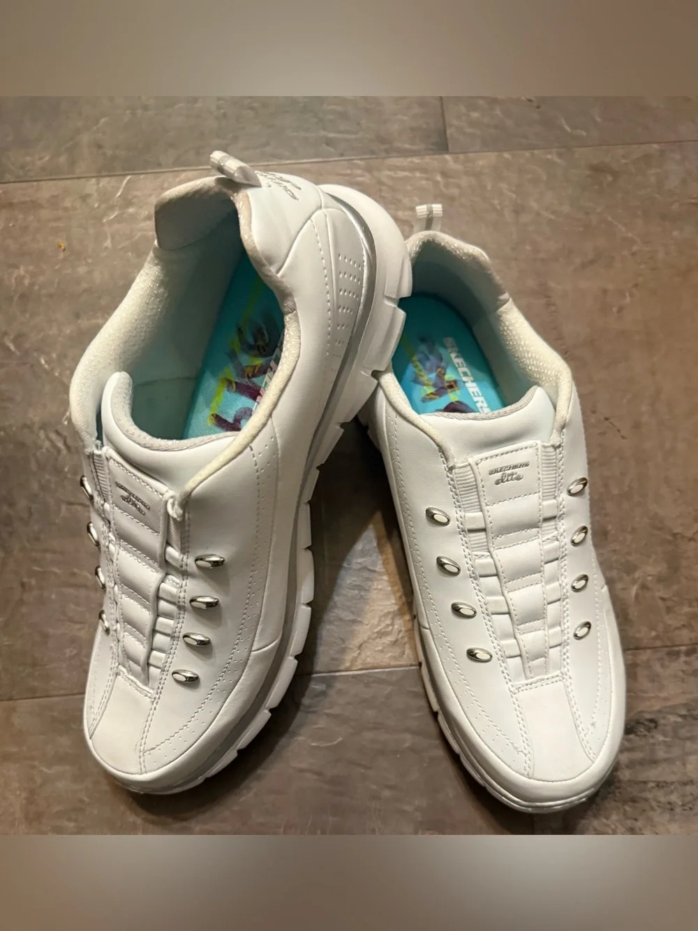 NWOT Skechers Women’s White Slip-On Casual Sneakers (w/ initials on Blue Insole)